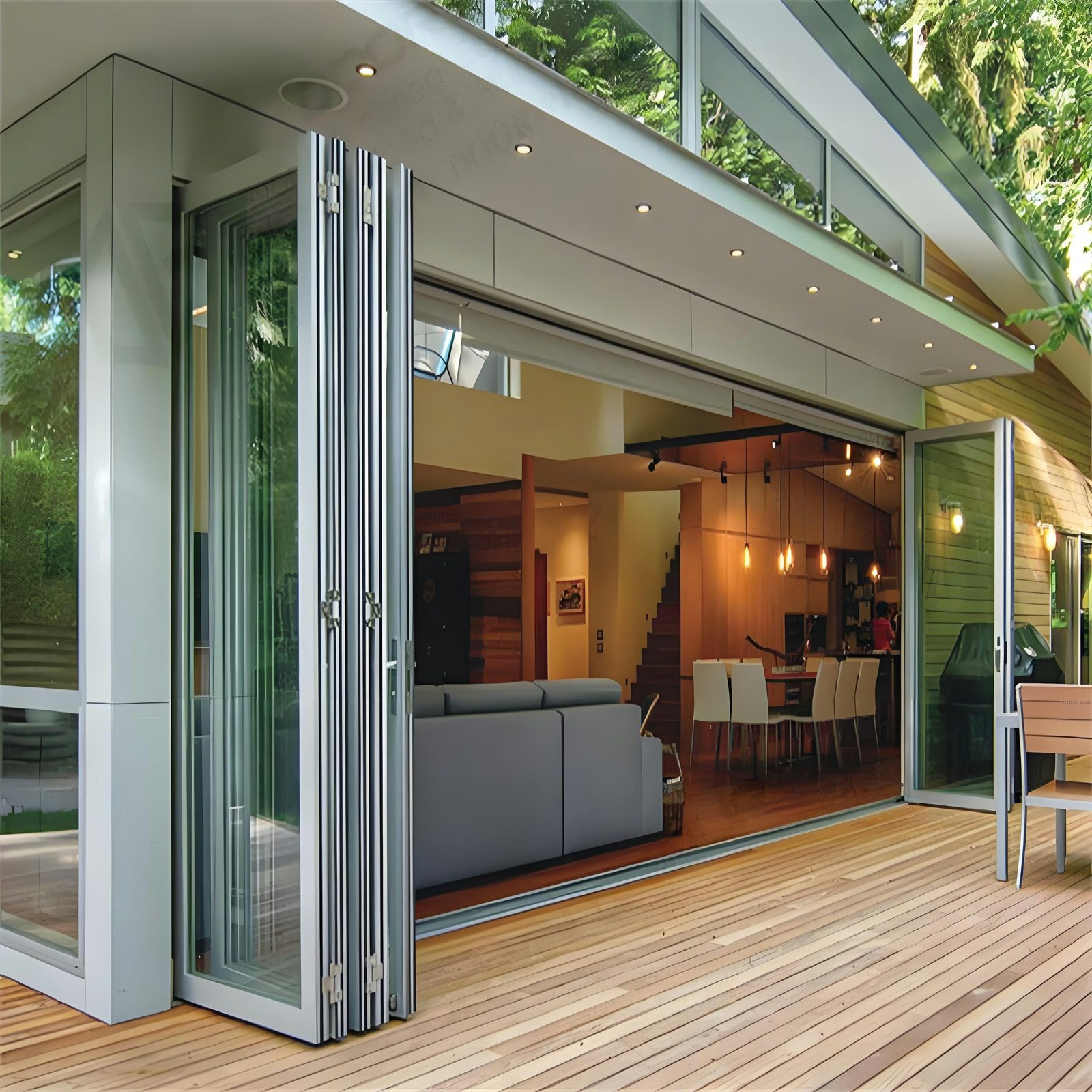 Aluminum bi-fold doors folded fully open onto a timber deck
